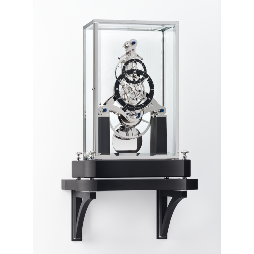 Matthias Naeschke Tischuhr NT 7 rhodiniert mit schwarzem Steinsockel und Wandhalterung von Matthias Naeschke